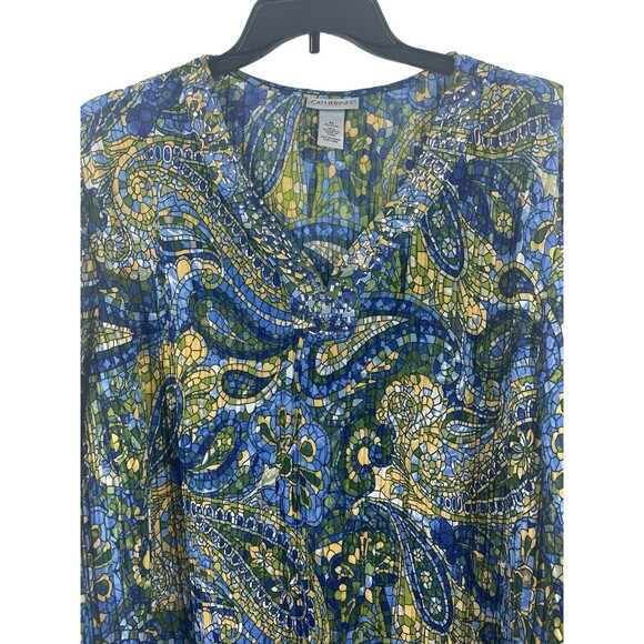Catherines Blue Yellow Mosaic Look Asymmetrical V-neck 3/4 Sleeve Sheer Top 4x - Picture 7 of 12